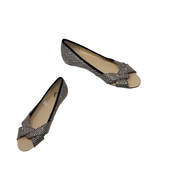 Report Vegan Geranium Herringbone Bow Peep-Toe Flats Sz 6 Beige Black Twee - Picture 1 of 11